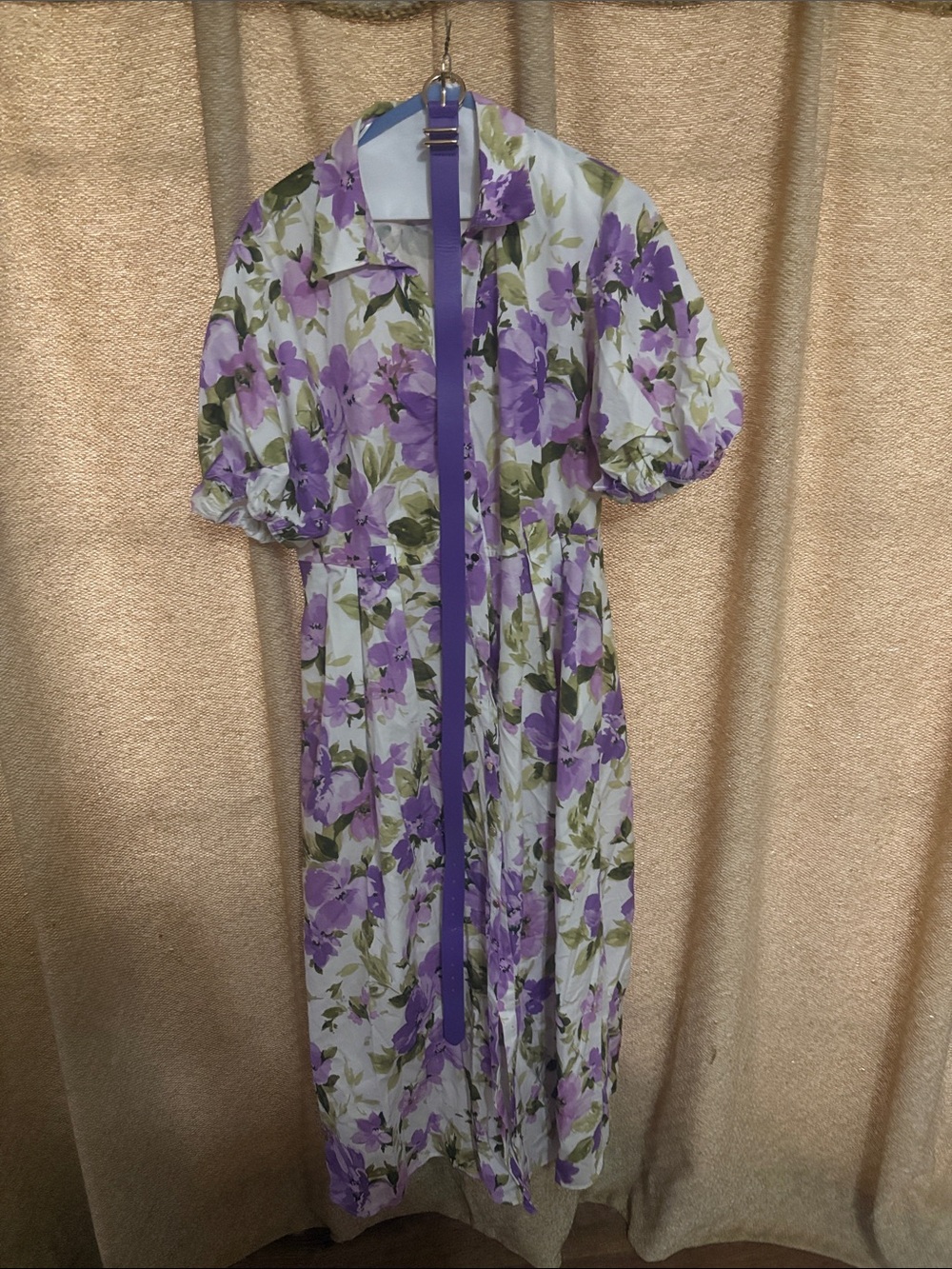 Lavender Floral Midi Dress with Puff Sleeves